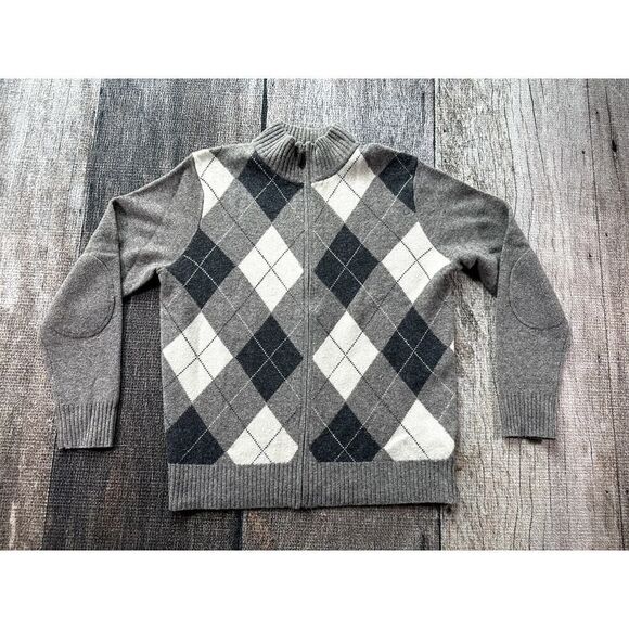 J Crew Mens Large Brownish Grey Lambs Wool Plaid Full Zip Sweater Jacket - Picture 1 of 9